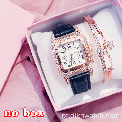 Moda feminina feminina pulseira de couro quadrada de quartzo de diamante, pulseira de pulso, relógios de luxo, conjunto de presente de cristal para mulheres